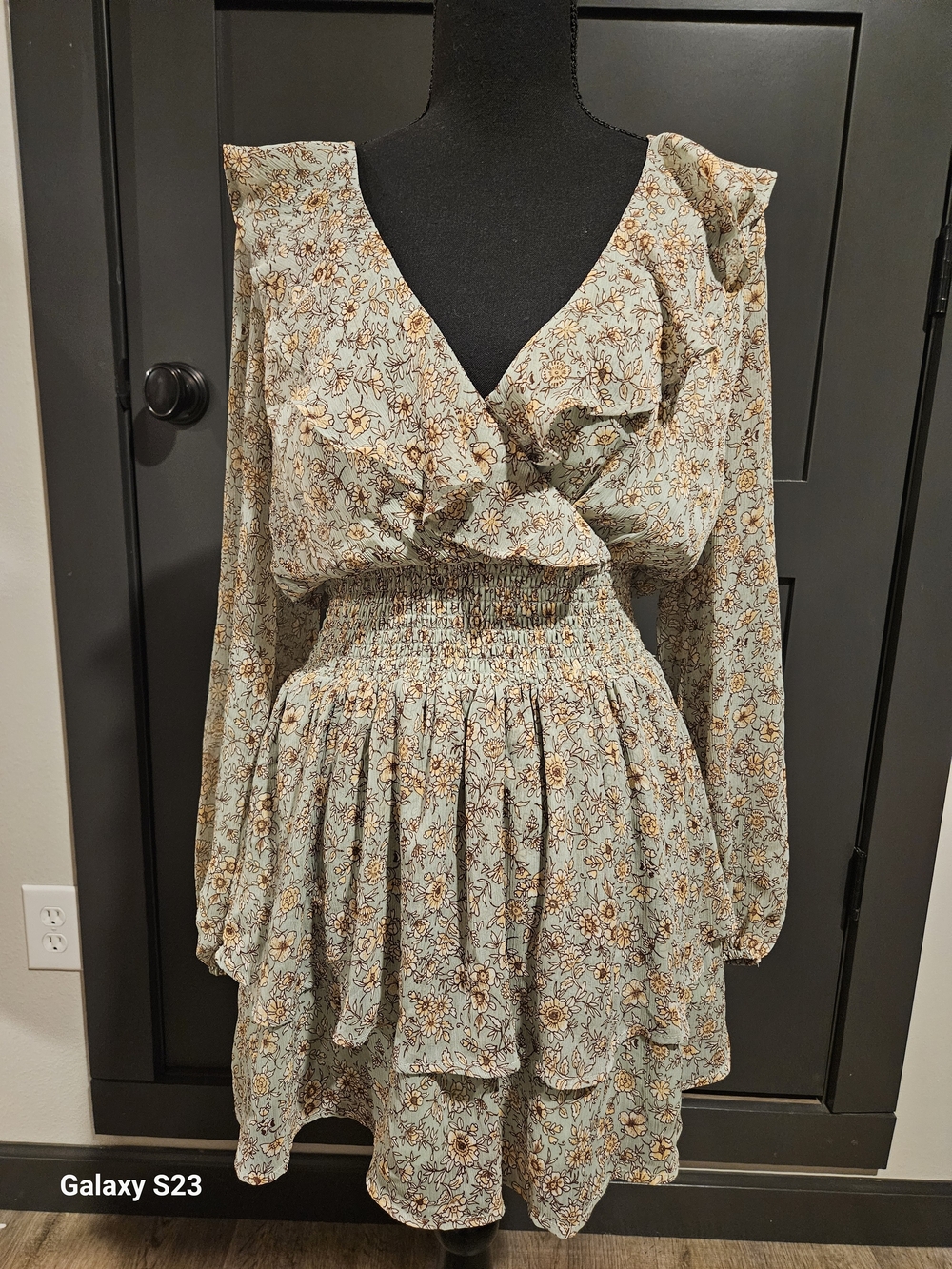 Altar'd State Floral Ruffle V-Neck Smocked Waist Dress - Sage & Mustard